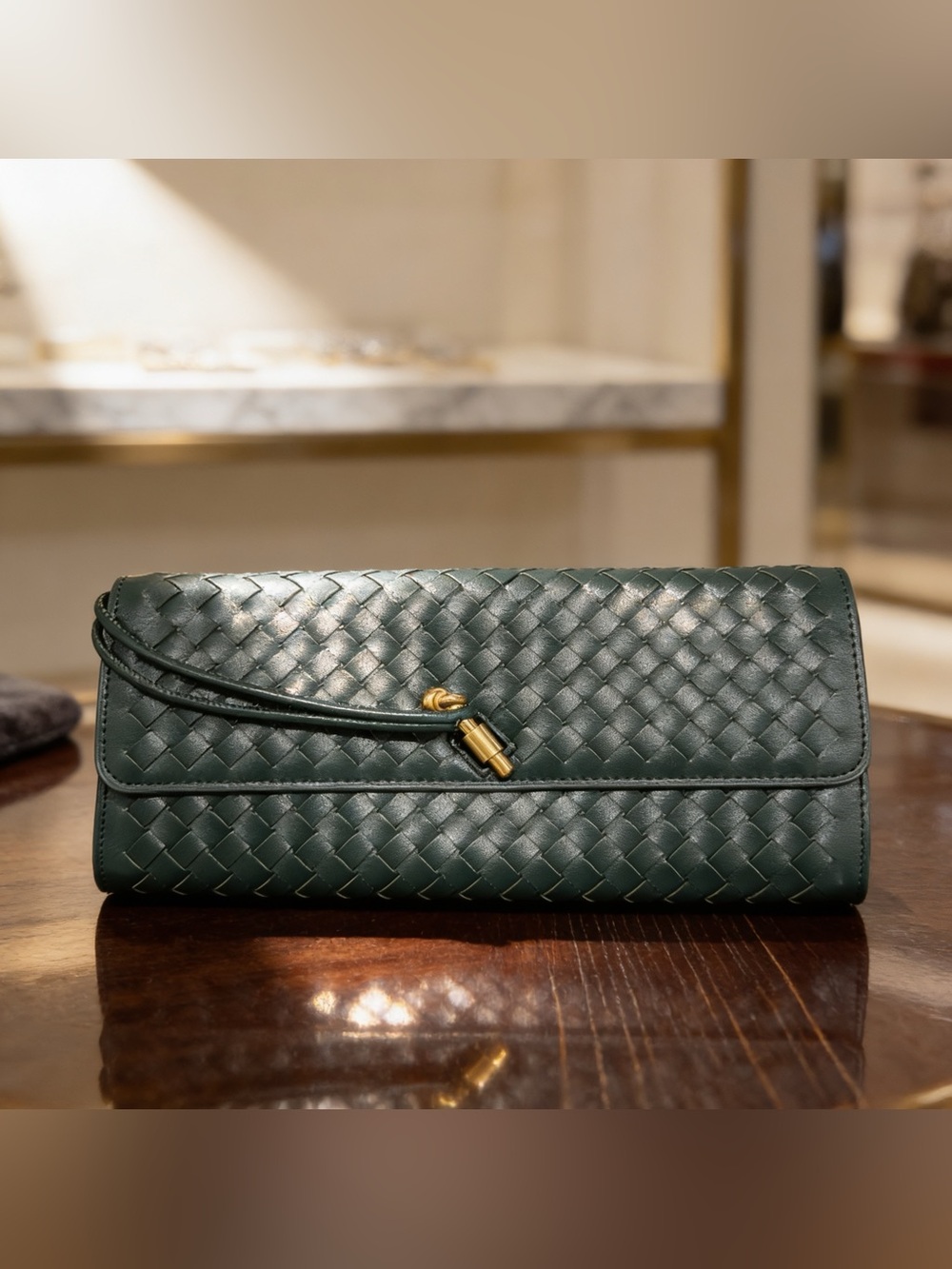 Woven Leather Clutch in Deep Green with Gold Accent